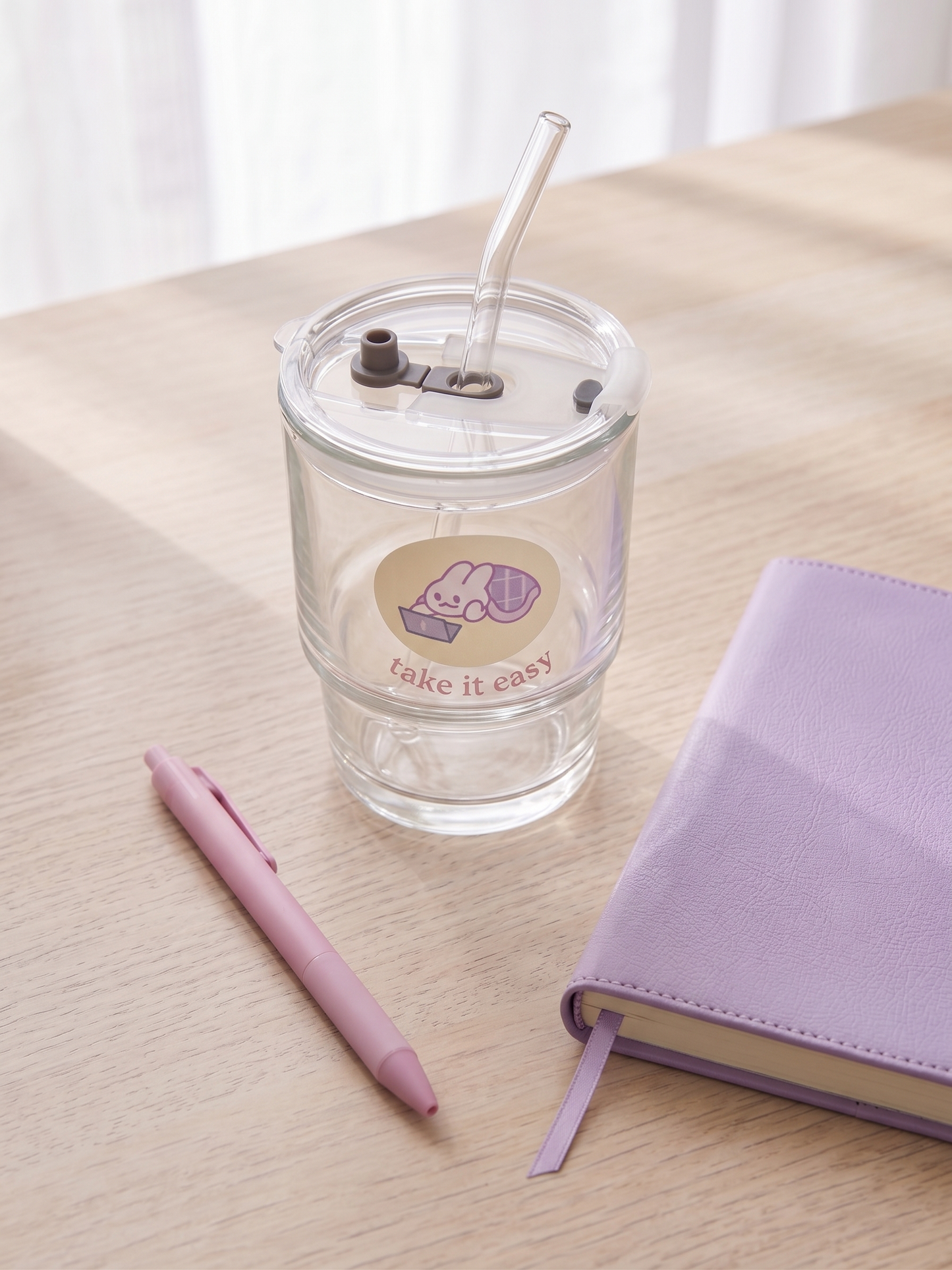 Take It Easy Cozy Lounge Drinkware | Bunny Glass Tumbler with Lid and Straw
