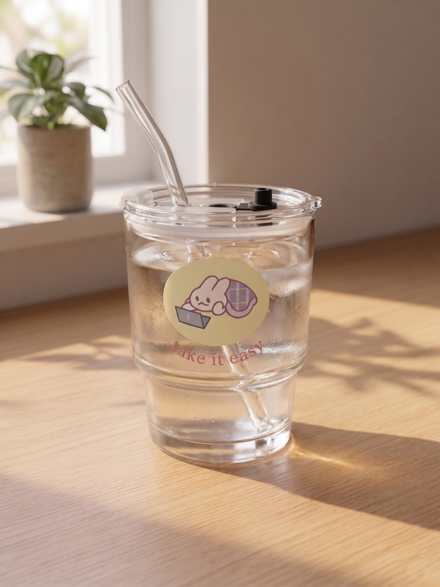 Take It Easy Cozy Lounge Drinkware | Bunny Glass Tumbler with Lid and Straw