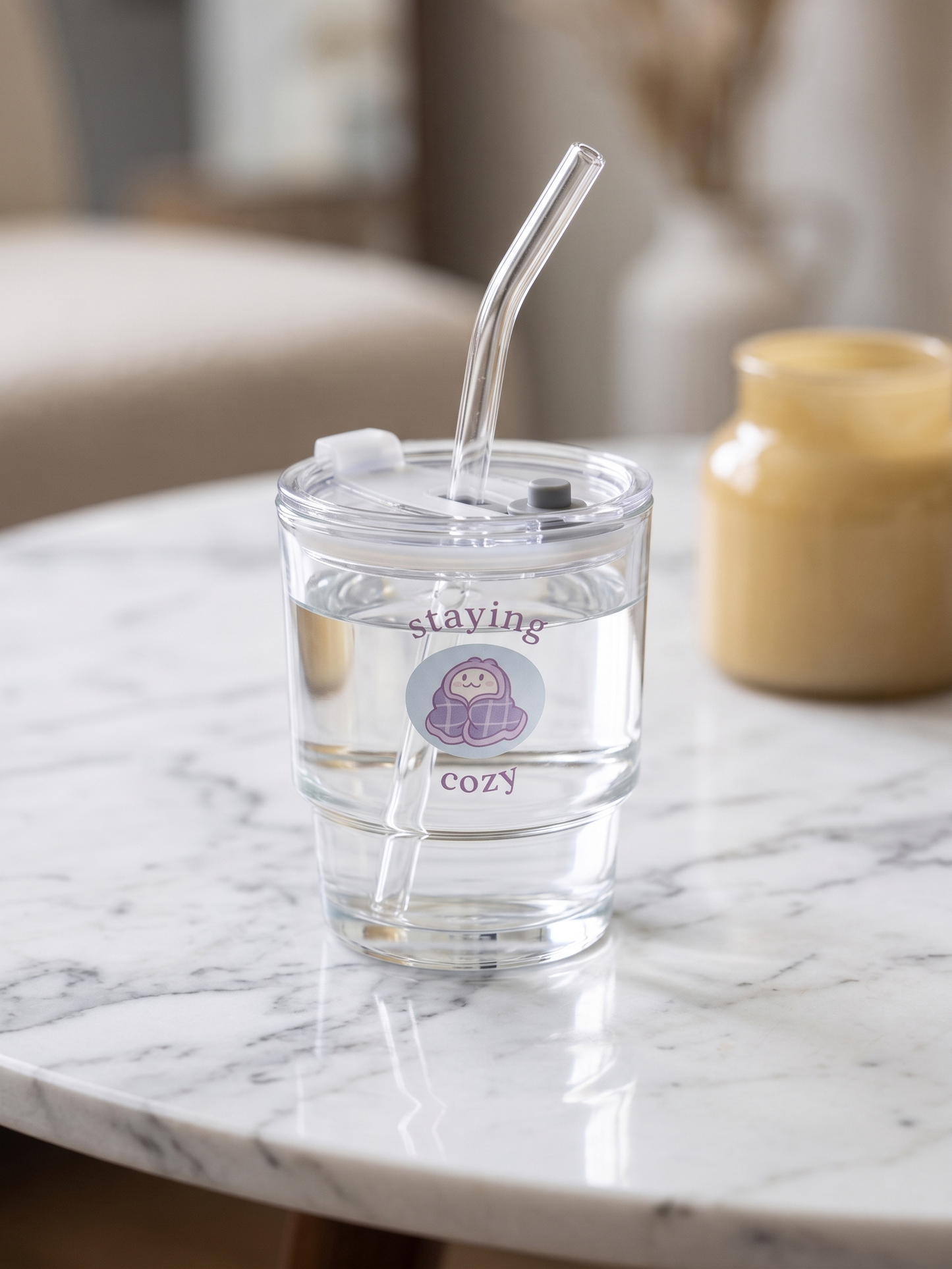 Staying Cozy Lounge Drinkware | Bunny Glass Tumbler with Lid and Straw
