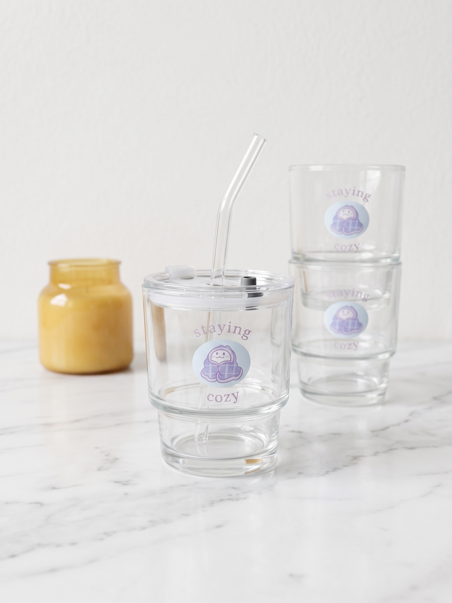 Staying Cozy Lounge Drinkware | Bunny Glass Tumbler with Lid and Straw