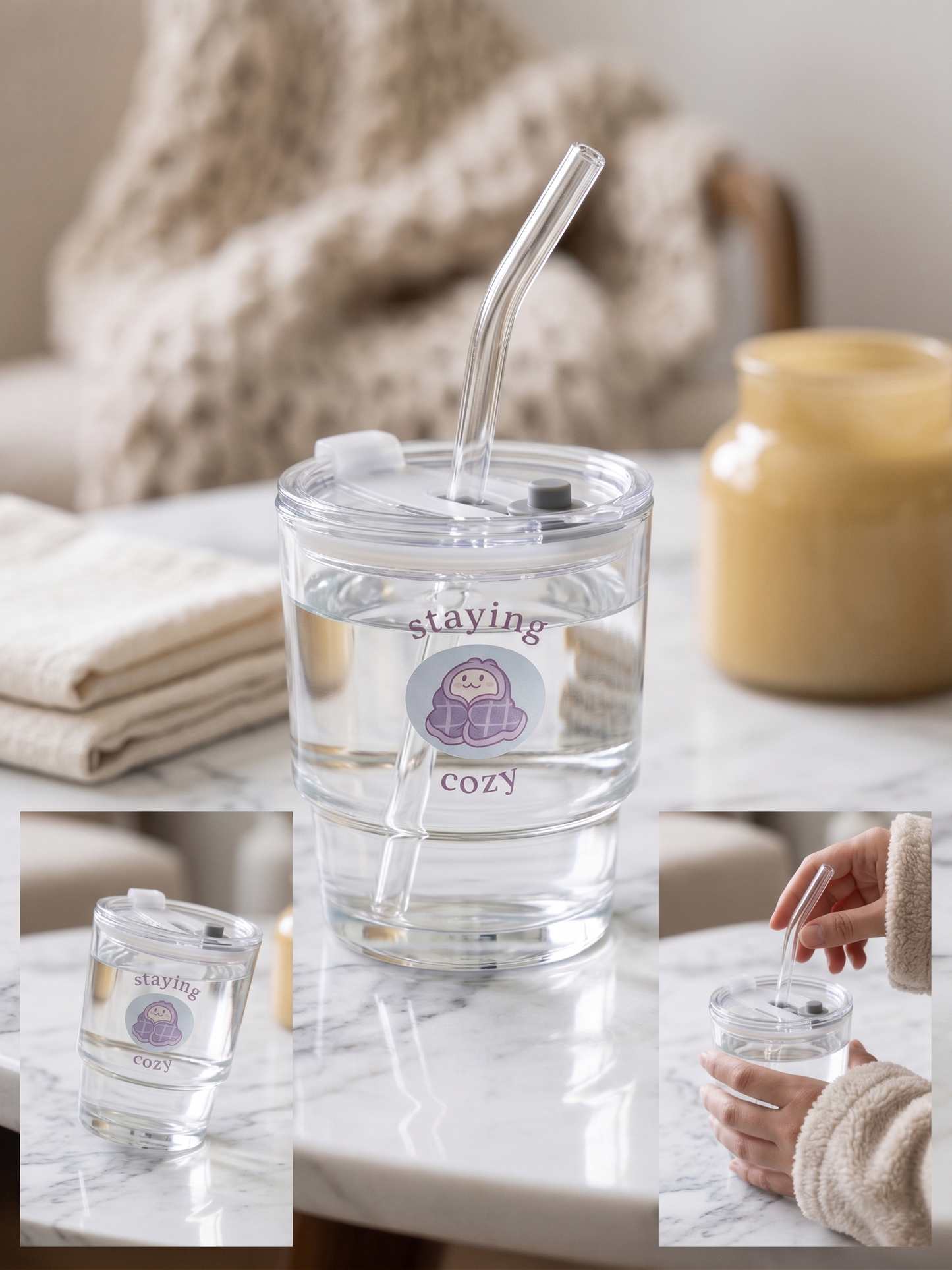 Staying Cozy Lounge Drinkware | Bunny Glass Tumbler with Lid and Straw