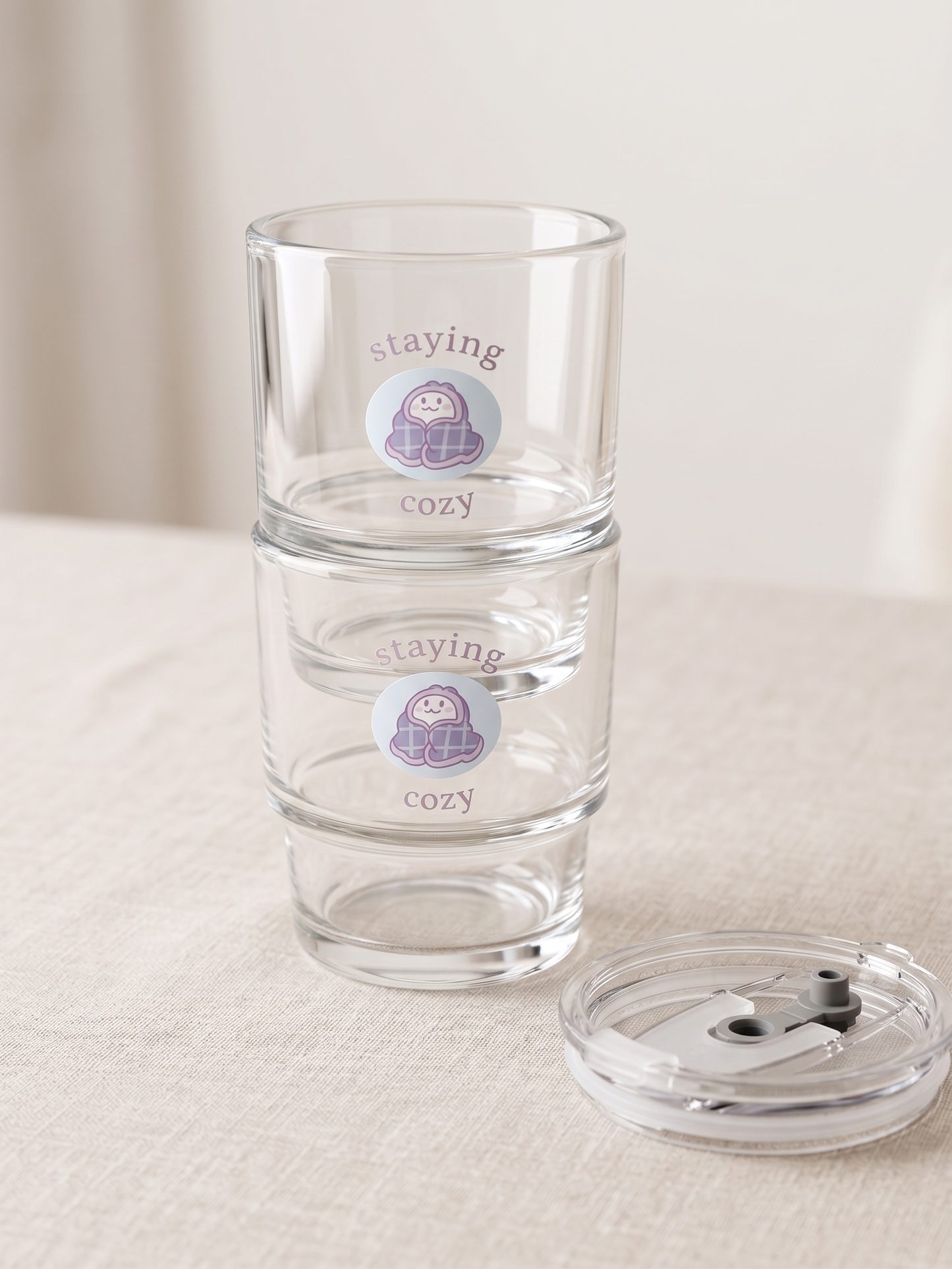 Staying Cozy Lounge Drinkware | Bunny Glass Tumbler with Lid and Straw