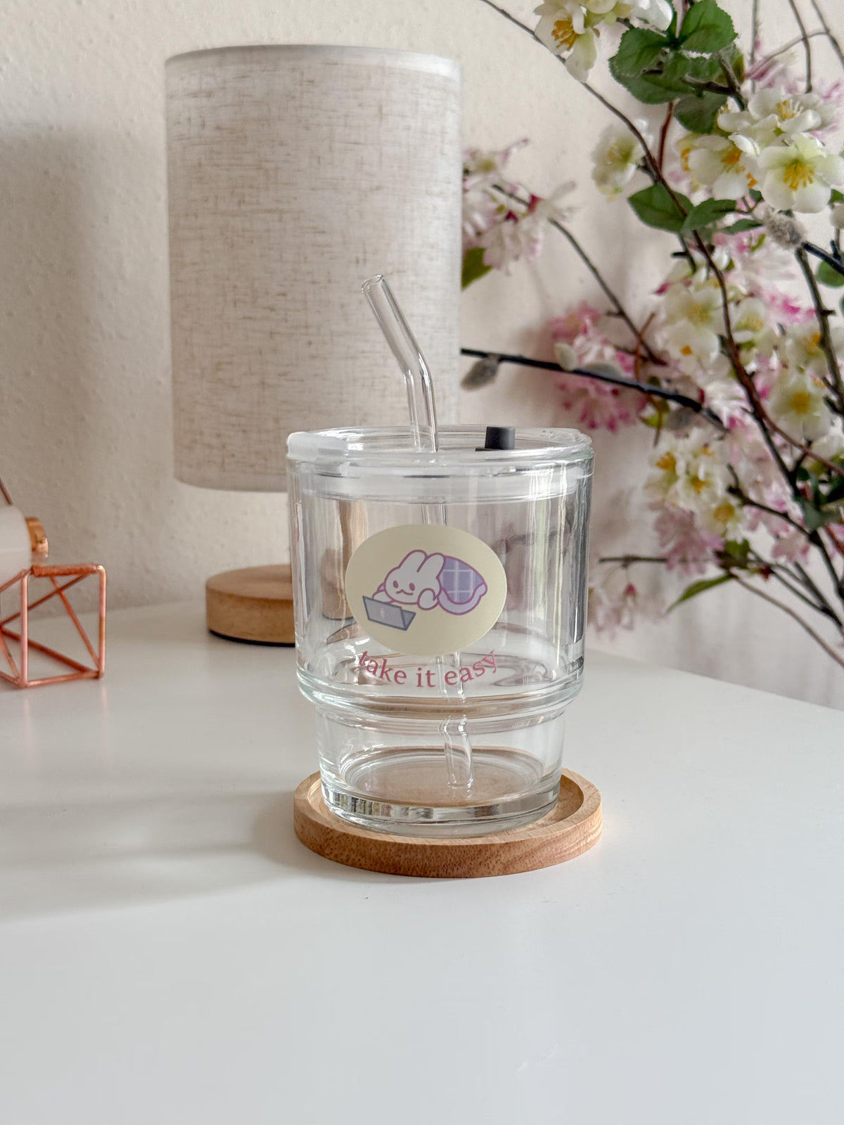 Take It Easy Cozy Lounge Drinkware | Bunny Glass Tumbler with Lid and Straw