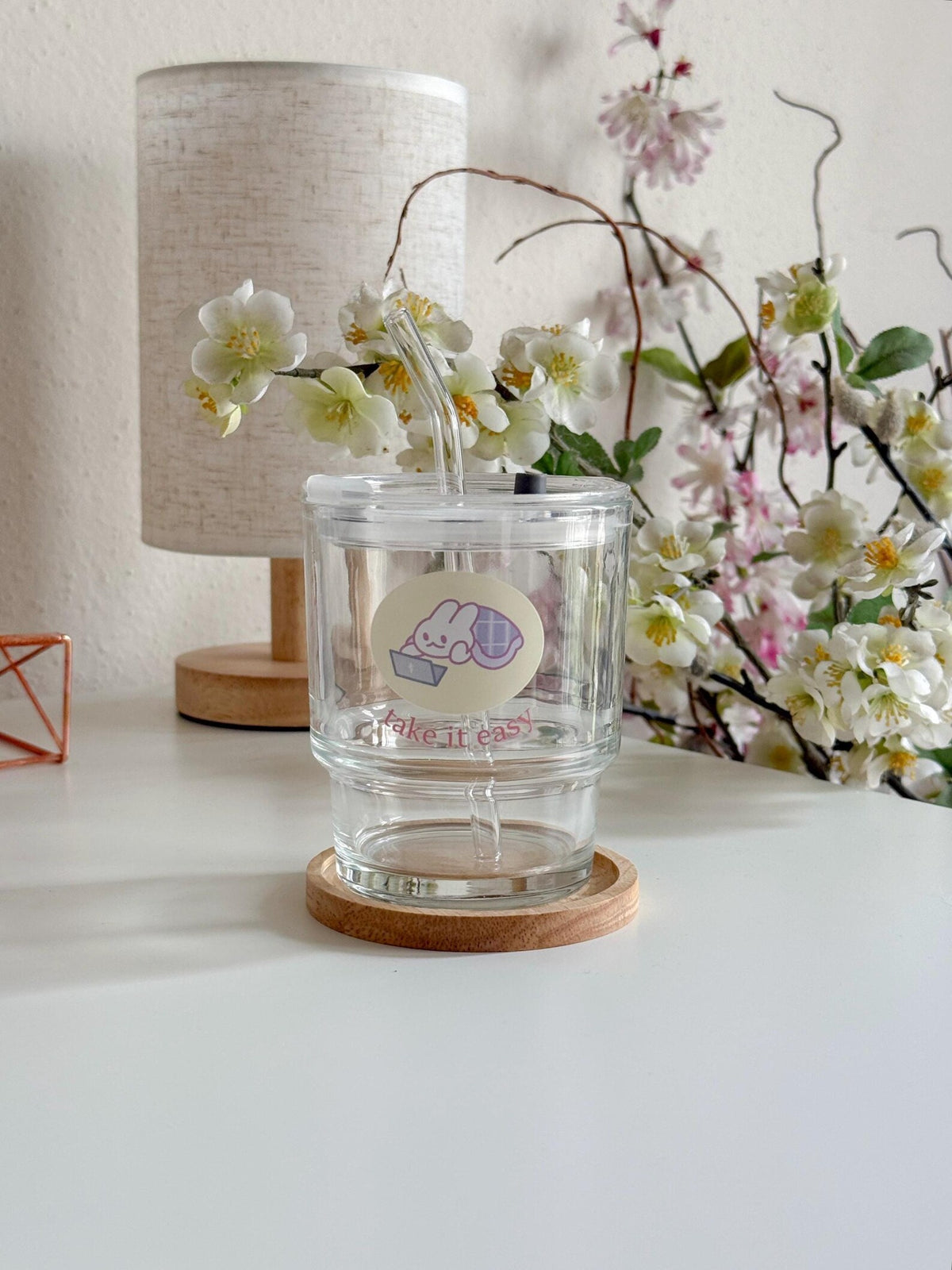 Take It Easy Cozy Lounge Drinkware | Bunny Glass Tumbler with Lid and Straw