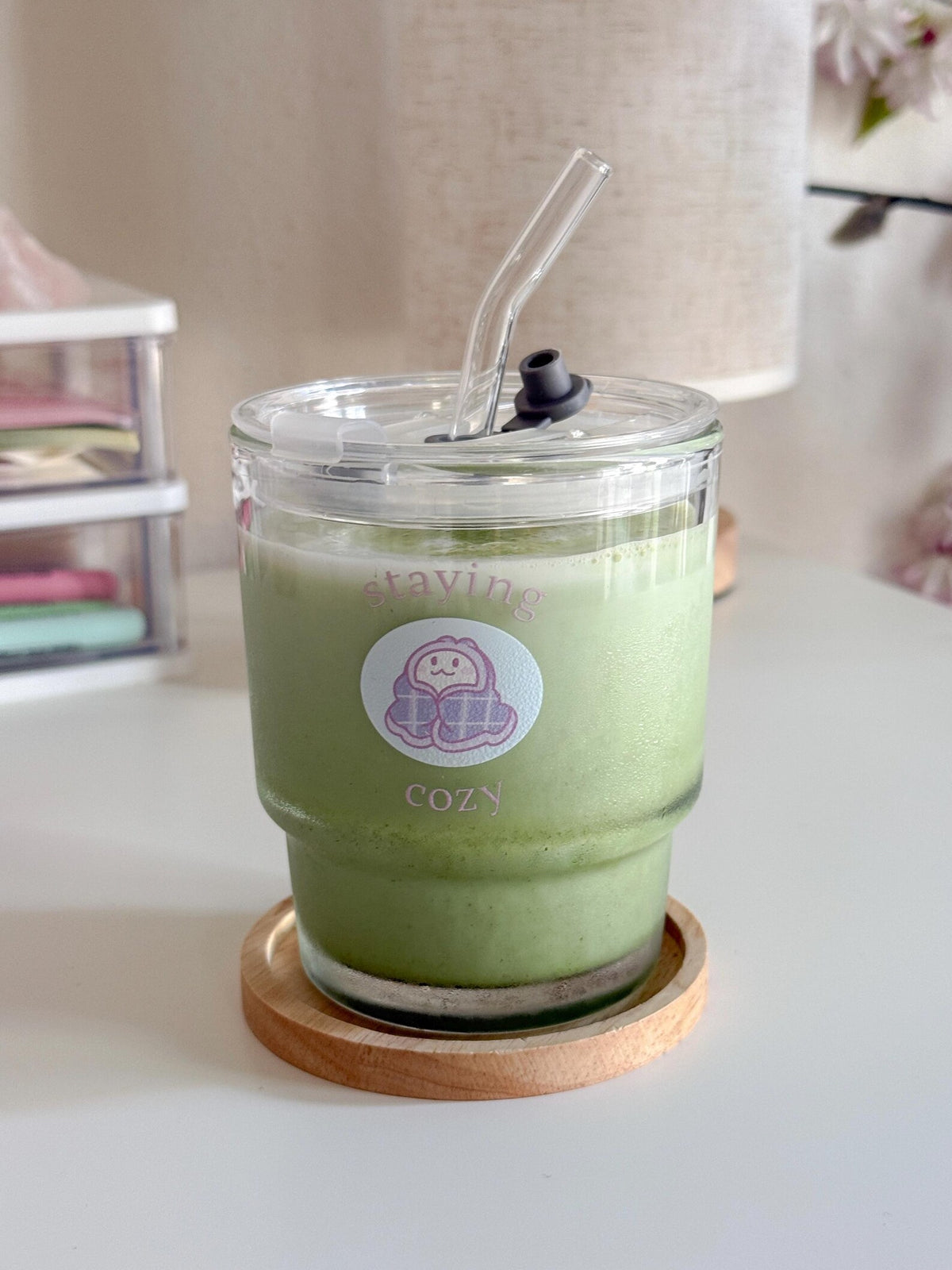 Staying Cozy Lounge Drinkware | Bunny Glass Tumbler with Lid and Straw