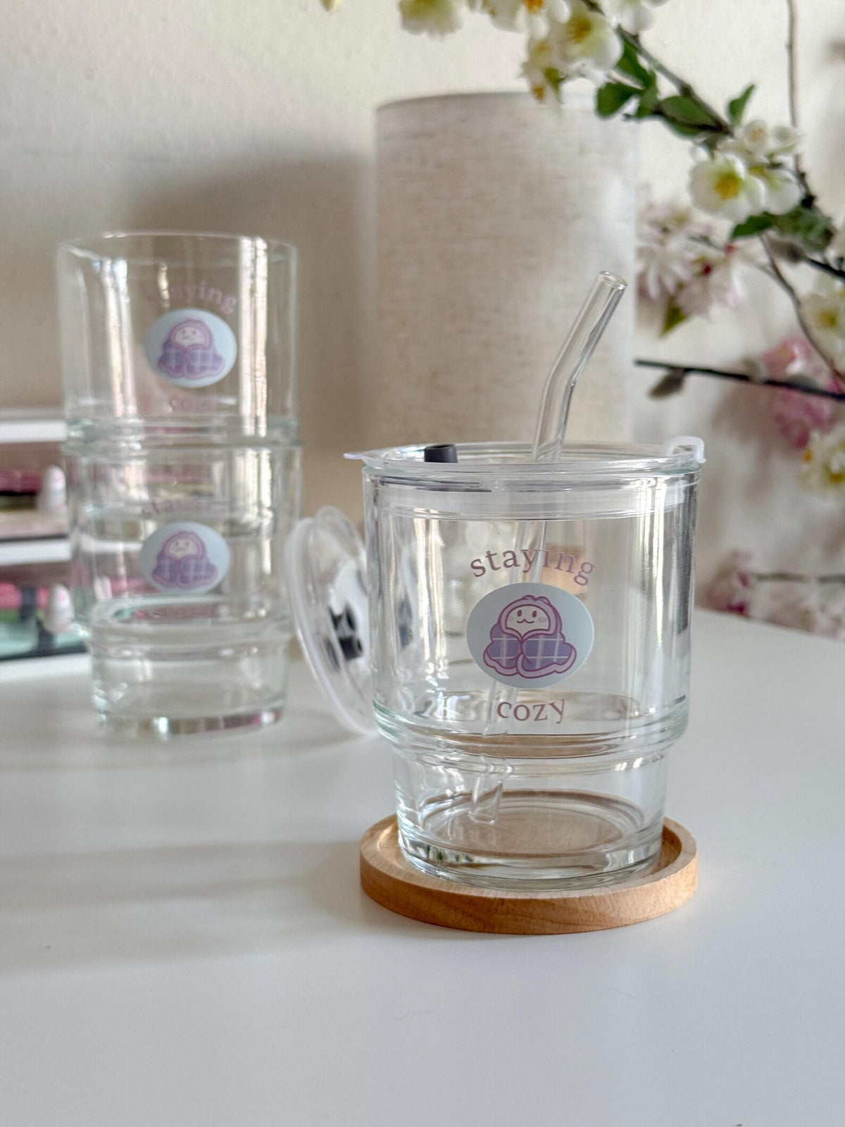 Staying Cozy Lounge Drinkware | Bunny Glass Tumbler with Lid and Straw