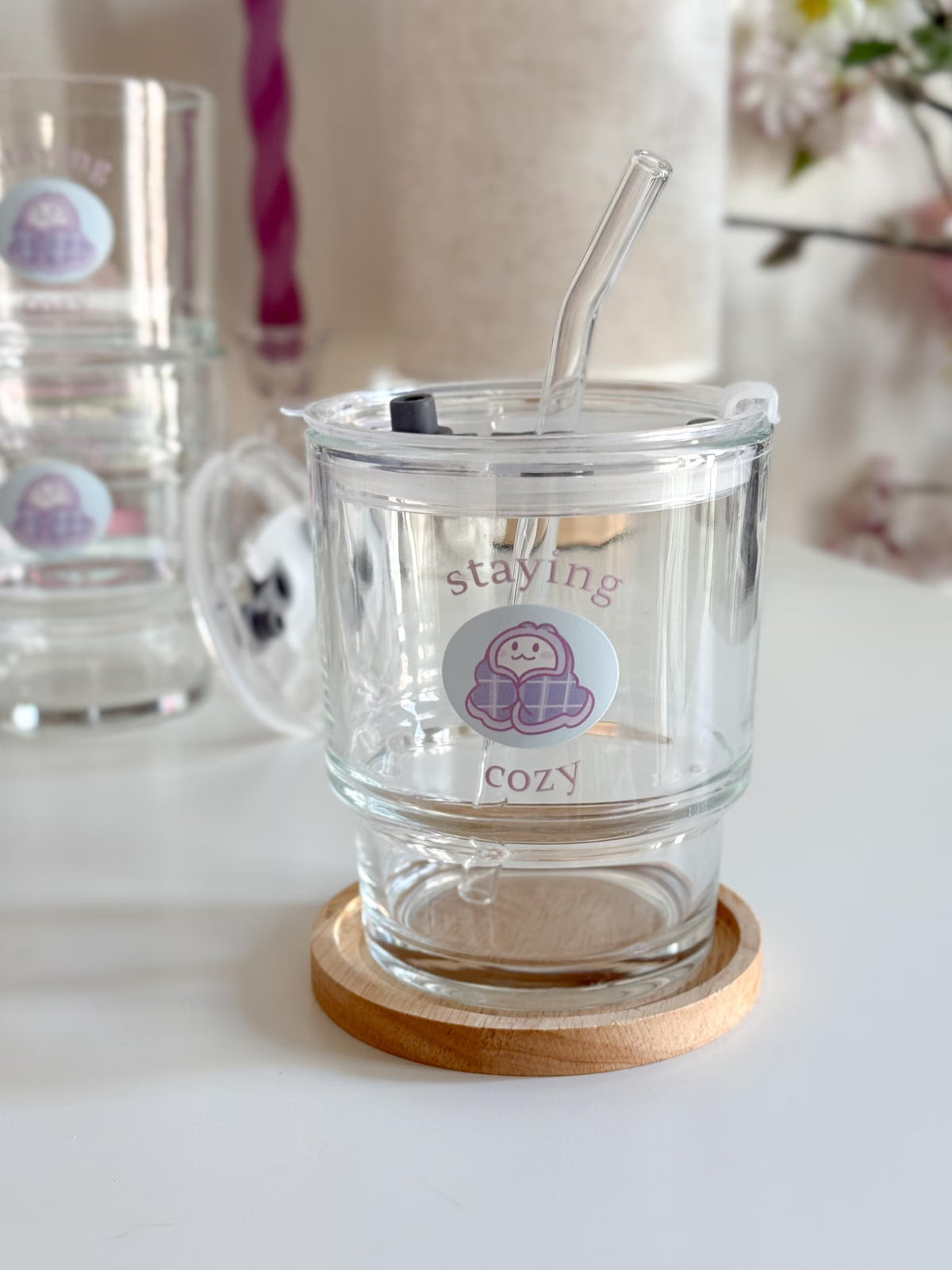 Staying Cozy Lounge Drinkware | Bunny Glass Tumbler with Lid and Straw