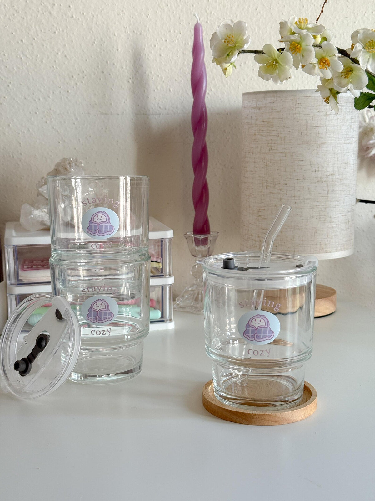 Staying Cozy Lounge Drinkware | Bunny Glass Tumbler with Lid and Straw