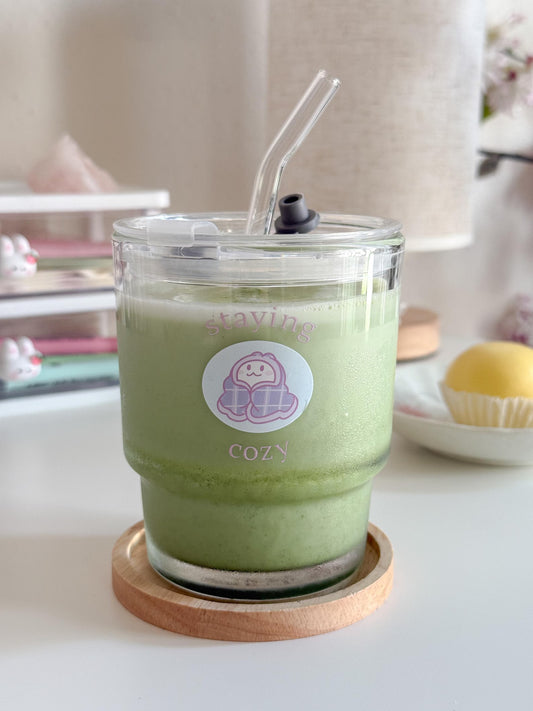 Staying Cozy Lounge Drinkware | Bunny Glass Tumbler with Lid and Straw