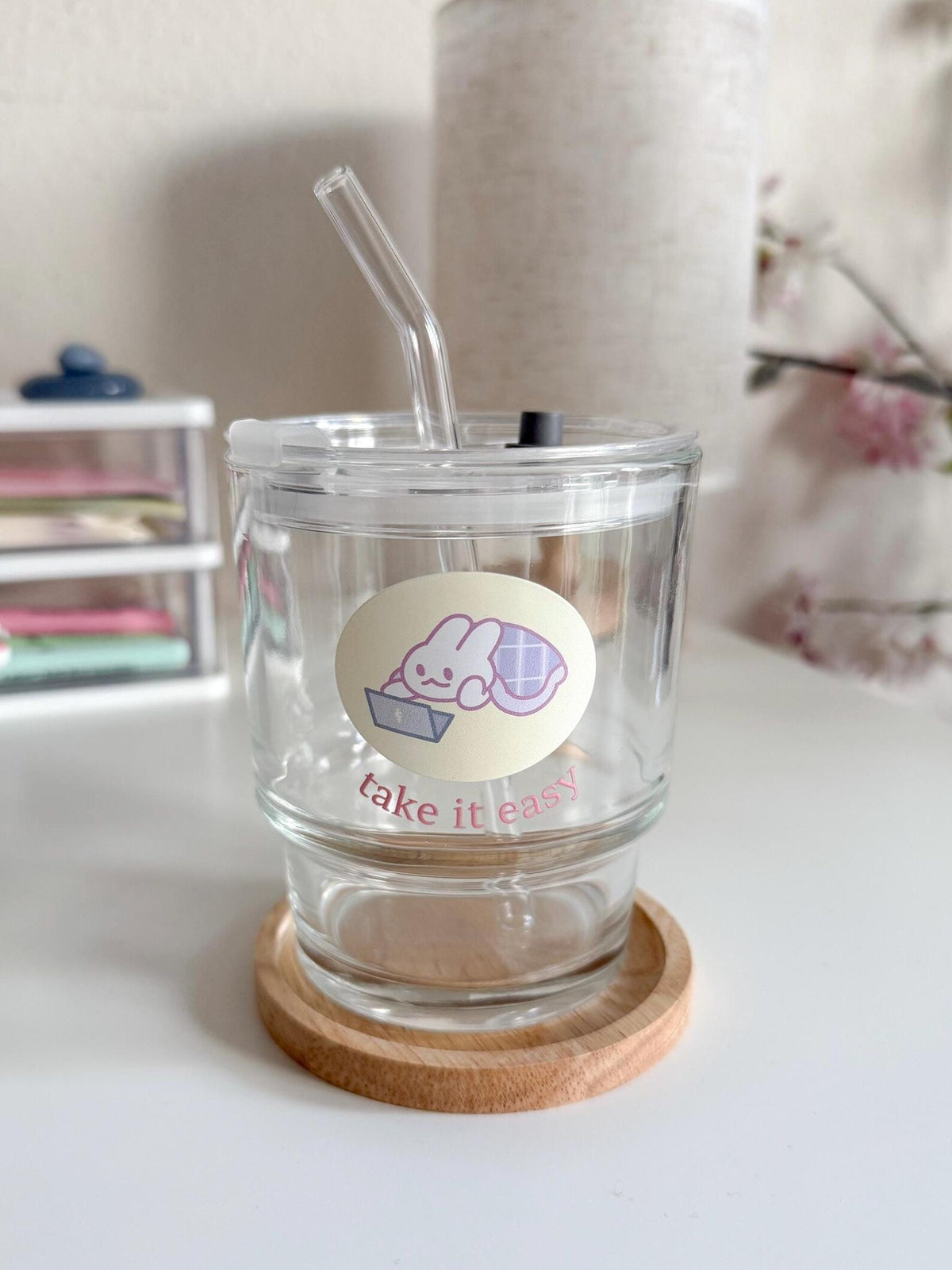Take It Easy Cozy Lounge Drinkware | Bunny Glass Tumbler with Lid and Straw