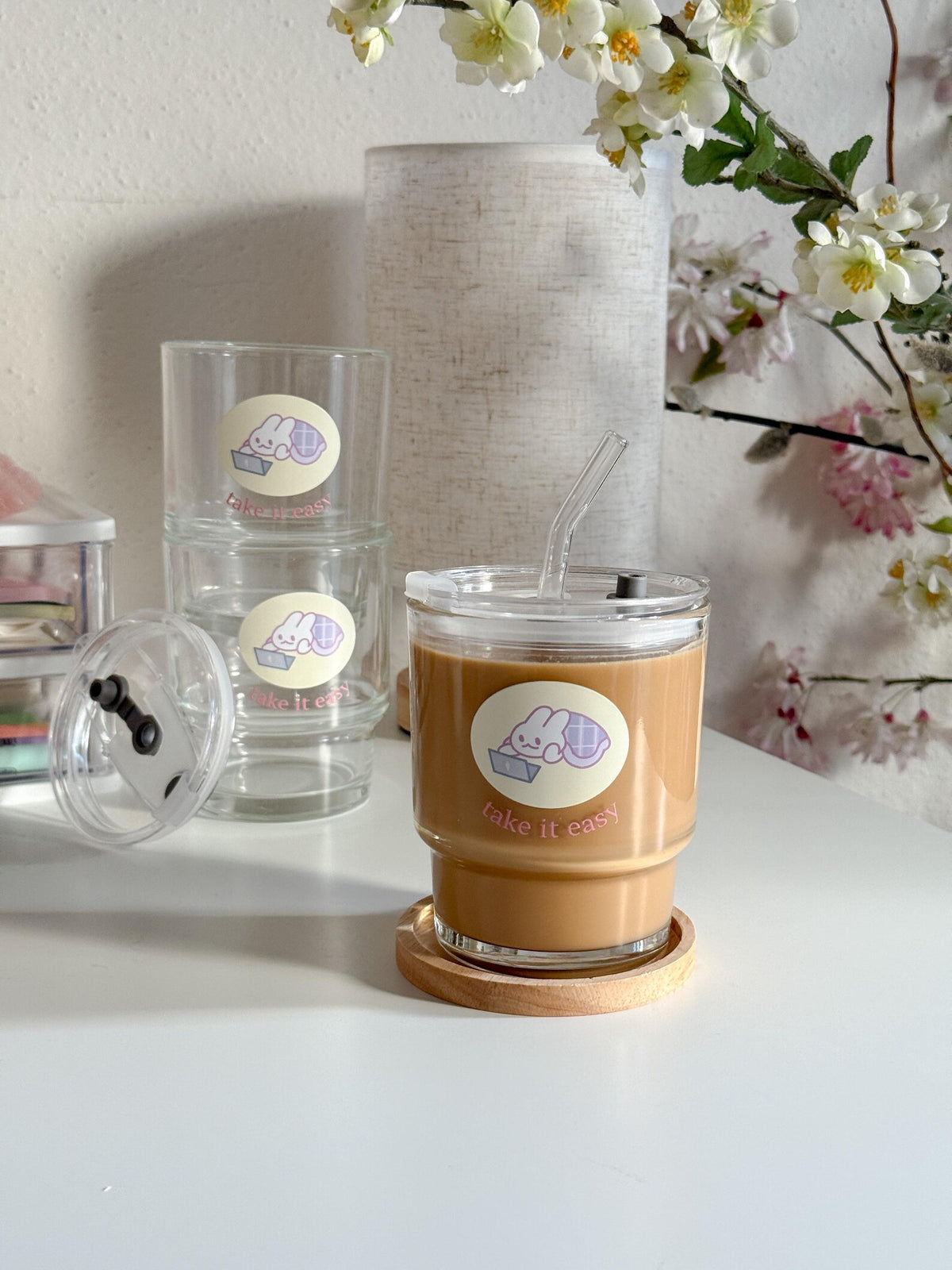 Take It Easy Cozy Lounge Drinkware | Bunny Glass Tumbler with Lid and Straw