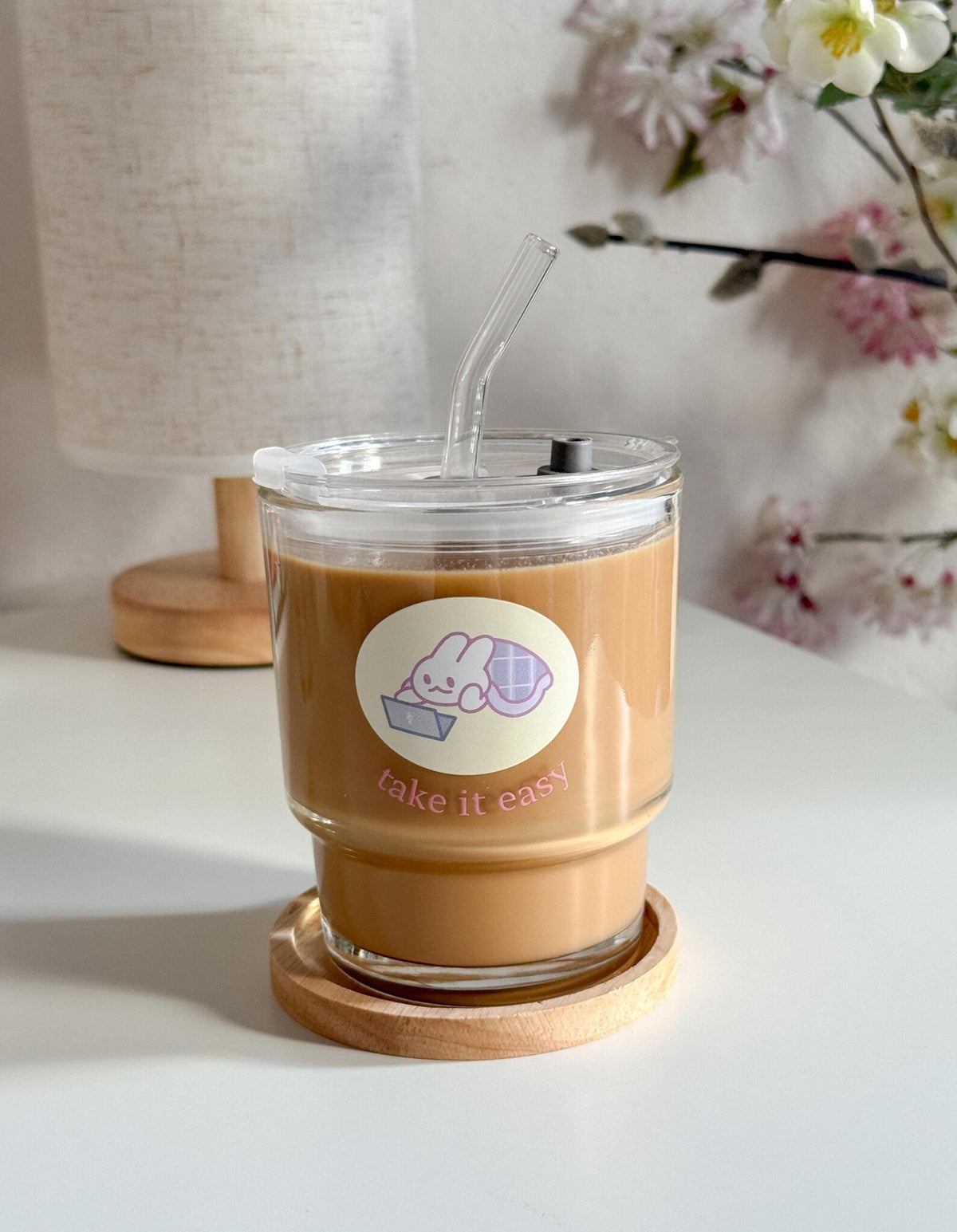 Take It Easy Cozy Lounge Drinkware | Bunny Glass Tumbler with Lid and Straw