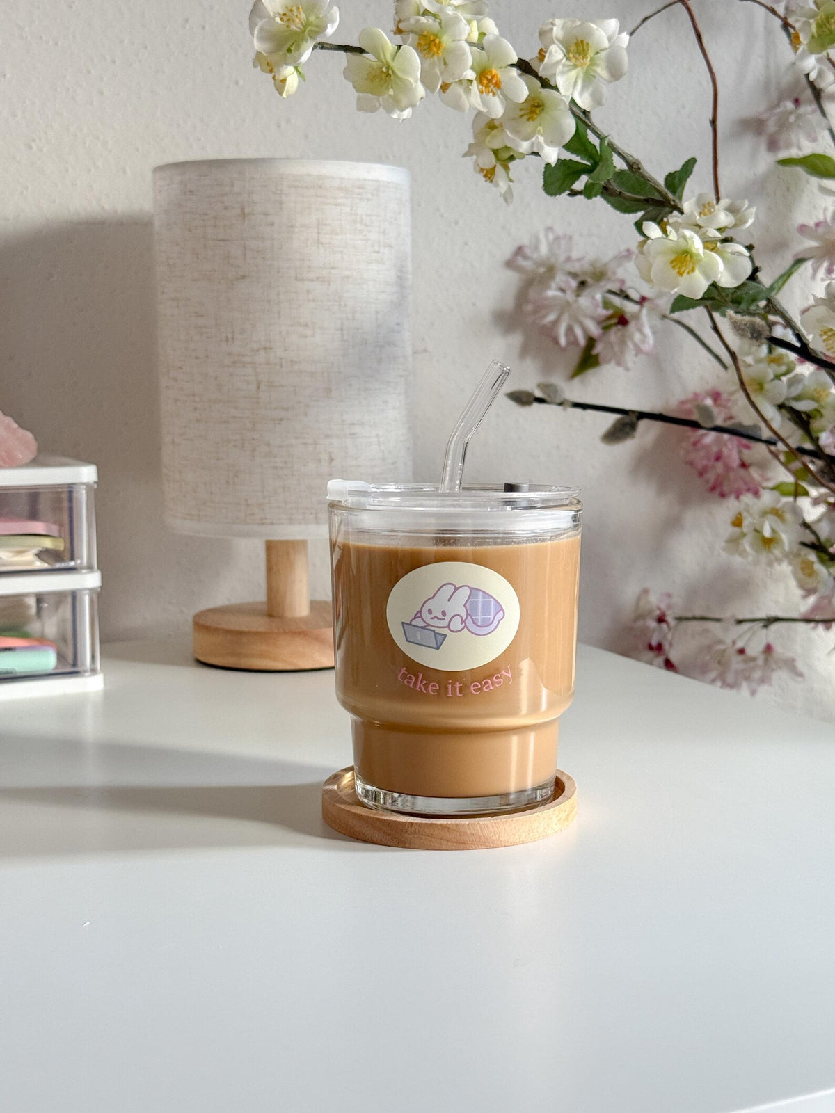 Take It Easy Cozy Lounge Drinkware | Bunny Glass Tumbler with Lid and Straw
