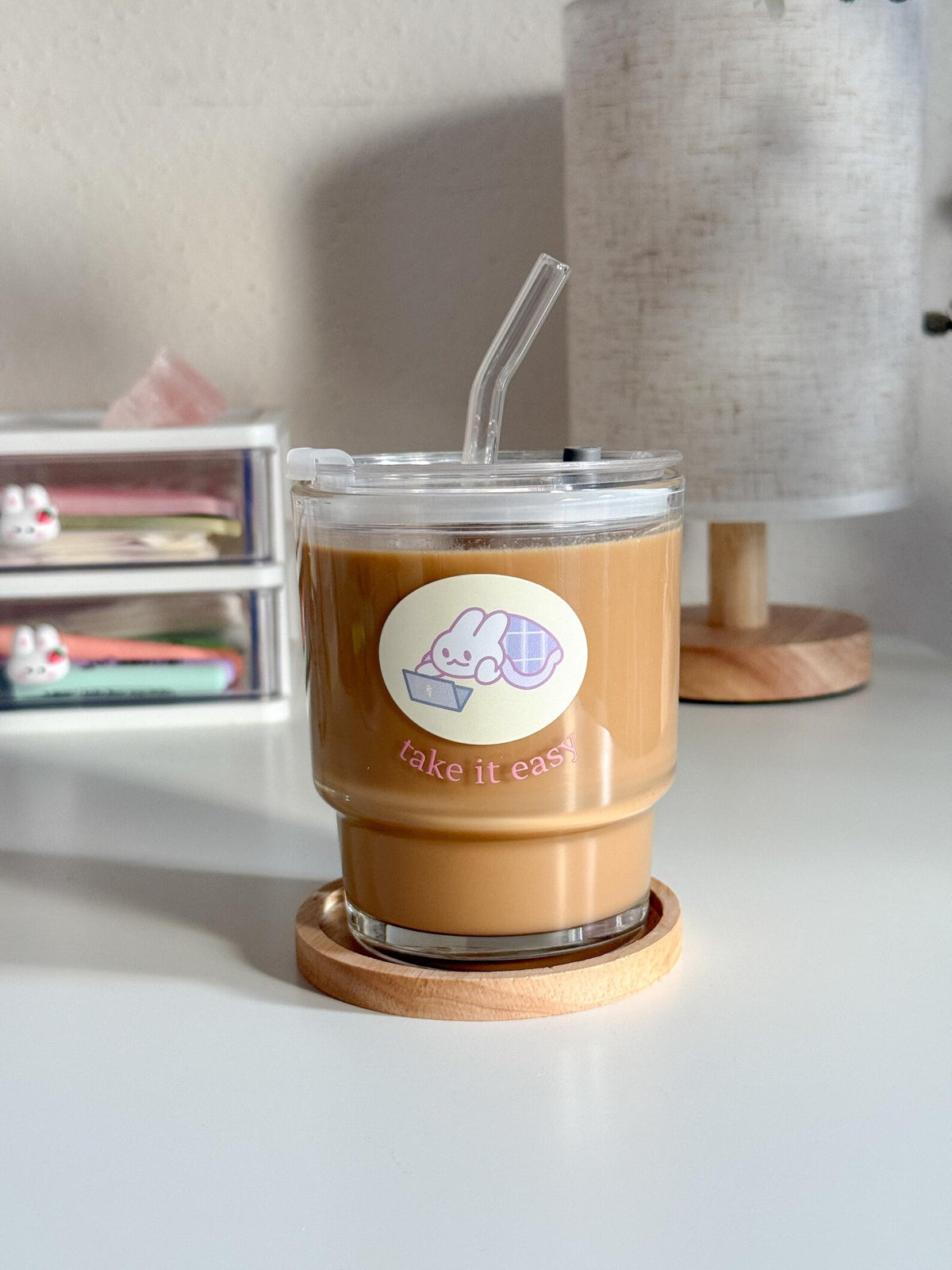 Take It Easy Cozy Lounge Drinkware | Bunny Glass Tumbler with Lid and Straw
